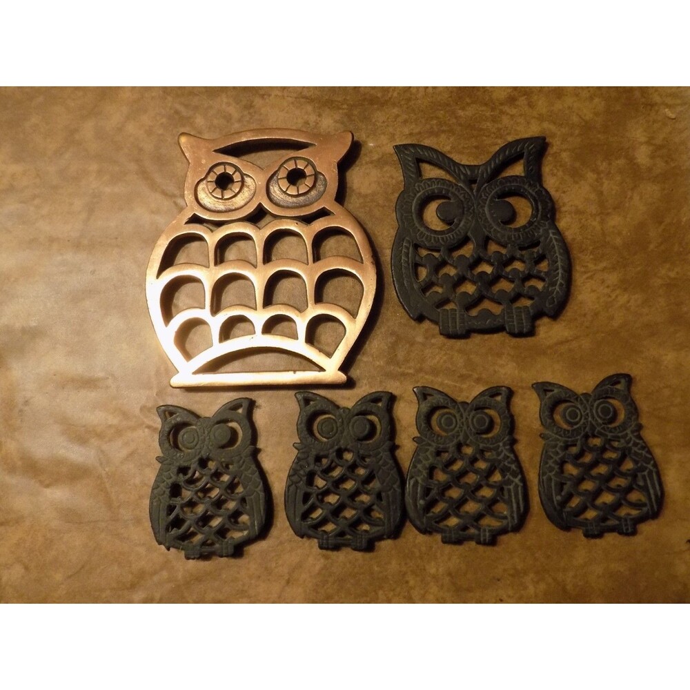 Lot Of 6 Metal Black/Gold Owl Birds Hot Plates Kitchen Set